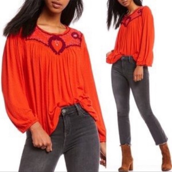 Free People Tops - Free People Begonia Embroidered Linen Blend Knit Top Orange Size Small